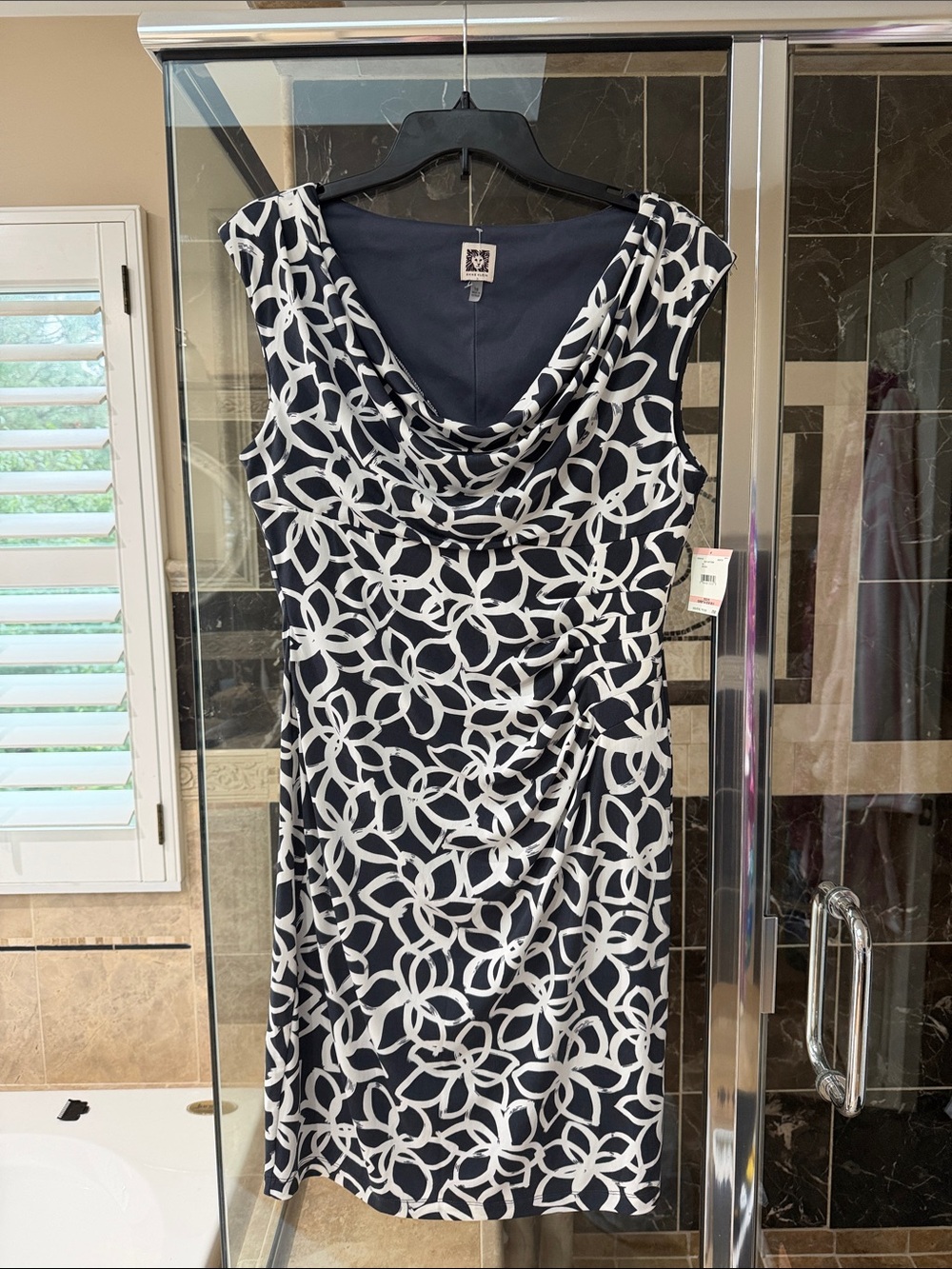 Anne Klein Navy & White Cowl Neck Printed Midi Dress